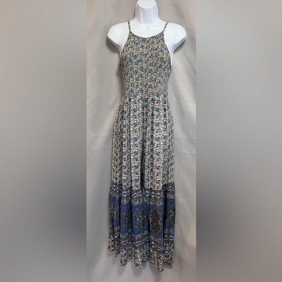Angie Boho Floral‎ Wide Leg Bell Bottom Smocked Jumpsuit Blue  Bohemian Medium - Picture 1 of 12